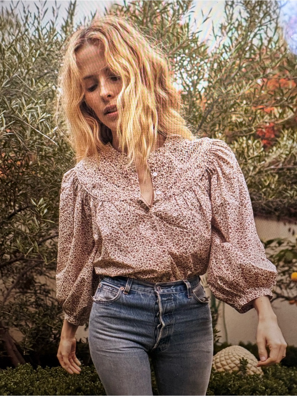 Doen Cream Floral Puff-Sleeve Peasant Blouse
